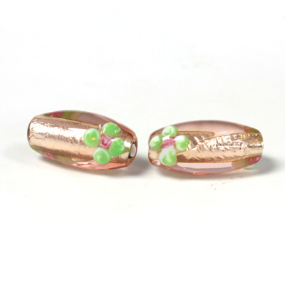 Czech Glass Lampwork Bead - Oval 18x8MM Flower ON ROSALINE with SILVER FOIL