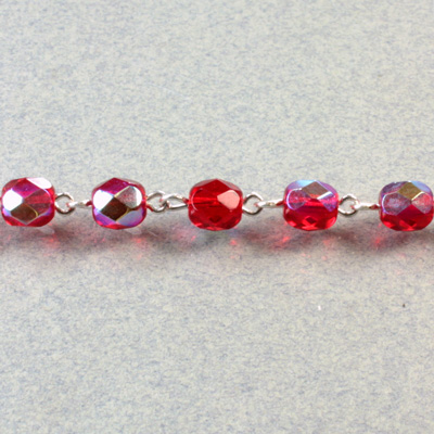 Linked Bead Chain Rosary Style with Glass Fire Polish Bead - Round 6MM RUBY AB-SILVER
