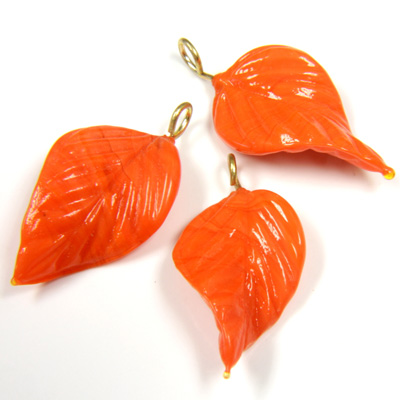 Glass Pendant Leaf with Brass Loop 24x14MM ORANGE