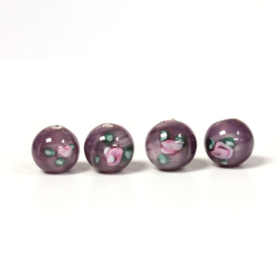 Czech Glass Lampwork Bead - Smooth Round 08MM Flower PINK ON PURPLE (20086)
