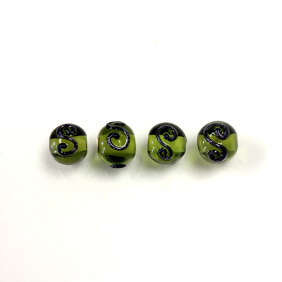 Czech Glass Lampwork Bead - Round 08MM OLIVENE with Swirl Design