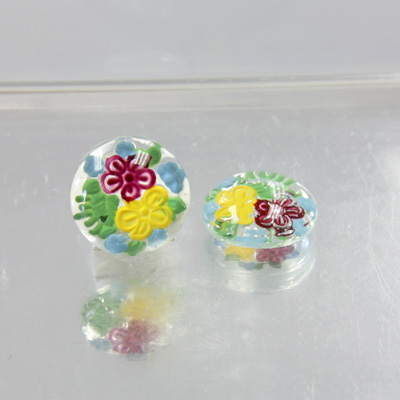 Glass Crystal Painting with Carved Intaglio Flowers Round 13MM  RED YELLOW on CRYSTAL