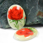 German Glass Porcelain Decal Painting - Red Rose (2139) Oval 25x18MM CHALKWHITE BASE