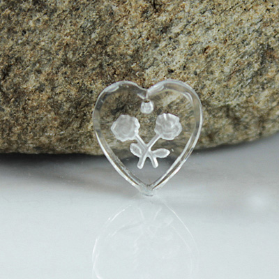German Glass Engraved Buff Top Intaglio Pendant - 2 ROSES Heart 12x11MM MATTE CRYSTAL