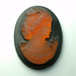 German Glass Cameo Woman Oval 40x30MM MATTE SMOKE TOPAZ  ON JET