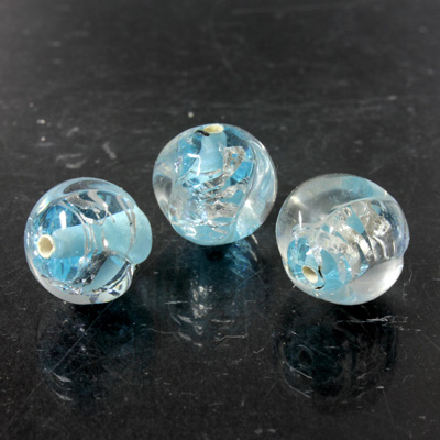 Czech Glass Lampwork Bead - Round Twist 12MM CRYSTAL with AQUA AND SILVER SWIRL