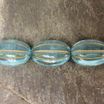 Czech Pressed Glass Bead - Ribbed Melon Oval 17x11MM GOLD on AQUA