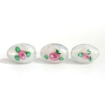 Czech Glass Lampwork Bead - Oval Smooth 12x8MM Flower PINK ON WHITE (00048)