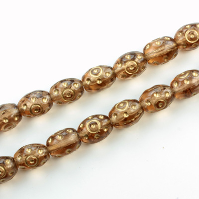 Czech Pressed Glass Engraved Bead - Oval 09x7MM GOLD ON SMOKE TOPAZ