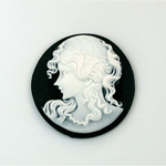 Plastic Cameo - Woman Round 27MM WHITE ON BLACK