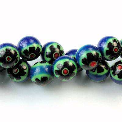Glass Millefiori Bead - Round 10MM BLUE GREEN BLACK (22)
