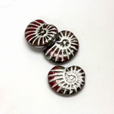 Czech Pressed Glass Engraved Bead - Nautilus Shell 17x13MM RED MIX with SILVER