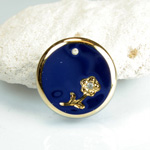Glass Engraved Intaglio Flower Pendant with Chaton Insert - Round 18MM LAPIS BLUE with GOLD