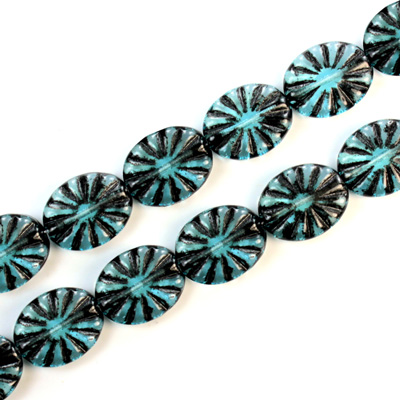 Czech Pressed Glass Engraved Bead - Oval 14x11MM BLACK ON AQUA