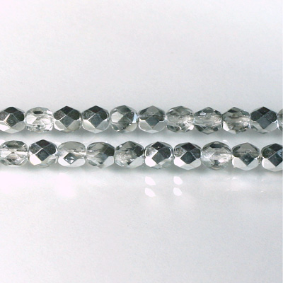 Czech Glass Fire Polish Bead - Round 05MM 1/2 Coated CRYSTAL/SILVER
