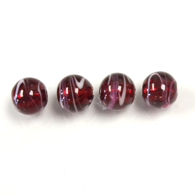 Czech Glass Lampwork Bead - Round 08MM RUBY WHITE SWIRL SILVER LINE 90352