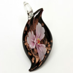 Glass Lampwork Pendant - 55x25mm Fancy Flower ROSE with GOLDSTONE on BLACK