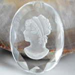 Glass Engraved Buff Top Intaglio Pendant - Woman's Head - Oval 40x30MM MATTE CRYSTAL