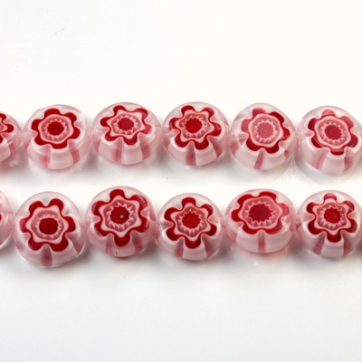 Glass Millefiori Bead - Flat Round 10x4MM WHITE RED (01)