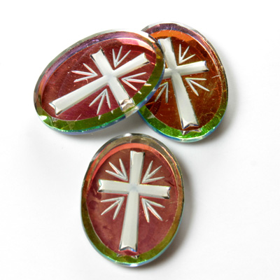 Glass Crystal Painting with Carved Intaglio - Cross Oval 25x18MM WHITE on VITRAIL MEDIUM