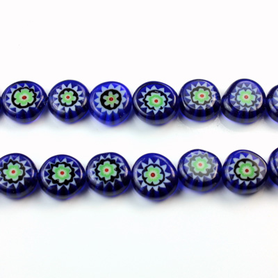 Glass Millefiori Bead - Flat Round 08x4MM BLUE WHITE GREEN RED (28)