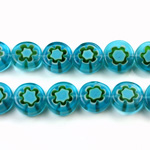 Glass Millefiori Bead - Flat Round 10x4MM AQUA WHITE EMERALD (11)