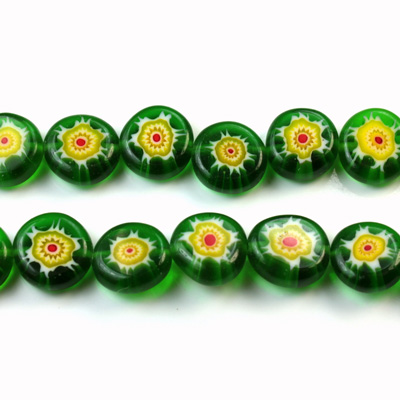 Glass Millefiori Bead - Flat Round 10x4MM GREEN YELLOW RED (12)
