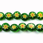 Glass Millefiori Bead - Flat Round 10x4MM GREEN YELLOW RED (12)