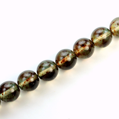 Czech Pressed Glass Bead - Smooth Round 10MM SPECKLE COATED GREEN 64578