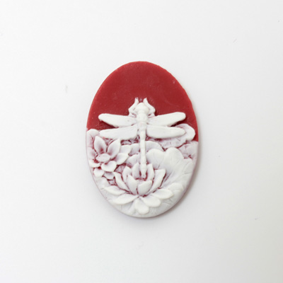Plastic Cameo - Dragonfly Oval 25x18MM WHITE ON RUBY