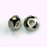 Glass Faceted Bead with Large Hole Silver Plated Center - Round 14x9MM HEMATITE