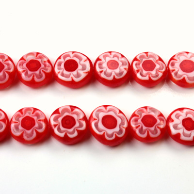 Glass Millefiori Bead - Flat Round 10x4MM RED WHITE (21)