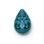 Plastic Engraved Bead - Pear 27x18MM DARK TURQ on JET