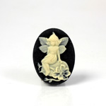 Plastic Cameo - Fairy Sitting on Garden Stone Oval 25x18MM IVORY ON BLACK