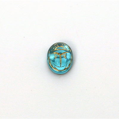 German Glass Flat Back Foiled Scarab with Gold Engraving - 10x8MM AQUA