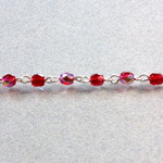 Linked Bead Chain Rosary Style with Glass Fire Polish Bead - Round 4MM RUBY AB-SILVER