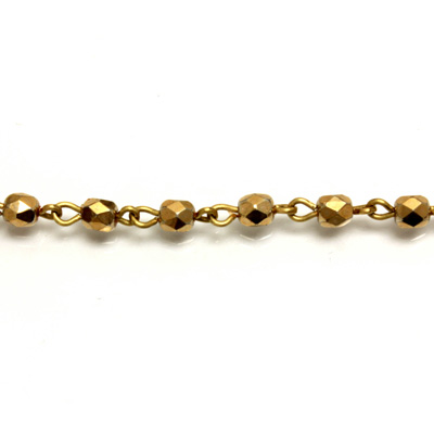 Linked Bead Chain Rosary Style with Glass Fire Polish Bead - Round 4MM GOLD-Brass