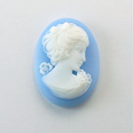 Plastic Cameo - Woman with Bow Oval 30x22MM WHITE ON BLUE