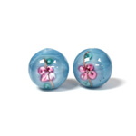 Czech Glass Lampwork Bead - Smooth Round 14MM Flower PINK ON AQUA  (04880)