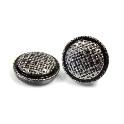 Glass Flat Back Engraved Button Top - Round Checker 18MM SILVER on JET