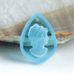 Preciosa Glass Engraved Pendant - Cut Top with Intaglio Back WOMAN'S Head - Shield 23x16MM AQUA