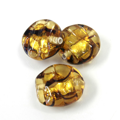 Czech Glass Lampwork Bead - Round Irregular Coin 16MM AMBER with  FOIL 92494