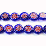 Glass Millefiori Bead - Flat Round 10x4MM BLUE WHITE RED (37)