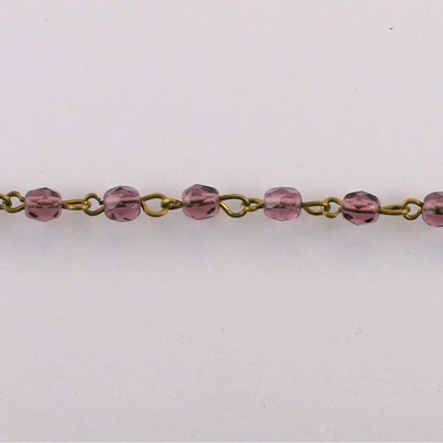 Linked Bead Chain Rosary Style with Glass Fire Polish Bead - Round 4MM AMETHYST-Brass