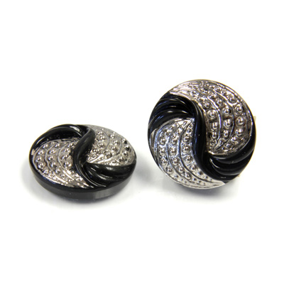 Glass Flat Back Engraved Button Top - Round Swirl 18MM SILVER on JET