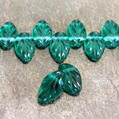 Czech Pressed Glass Engraved Pendant - Leaf 11x7MM EMERALD