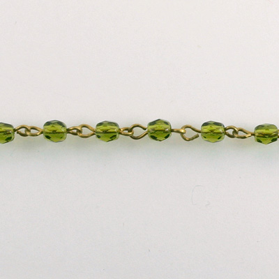 Linked Bead Chain Rosary Style with Glass Fire Polish Bead - Round 4MM OLIVINE-Brass
