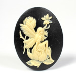 Plastic Cameo - Fairy Sitting on Magnolia Oval 40x30MM IVORY ON BLACK